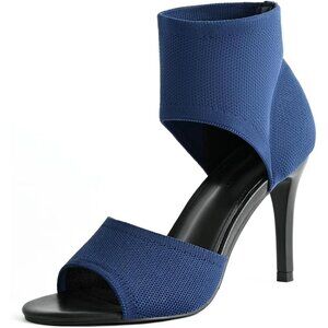 Blue 3 Inches Peep Toe Synthetic Stiletto Stretchy Heeled Sandals for Women